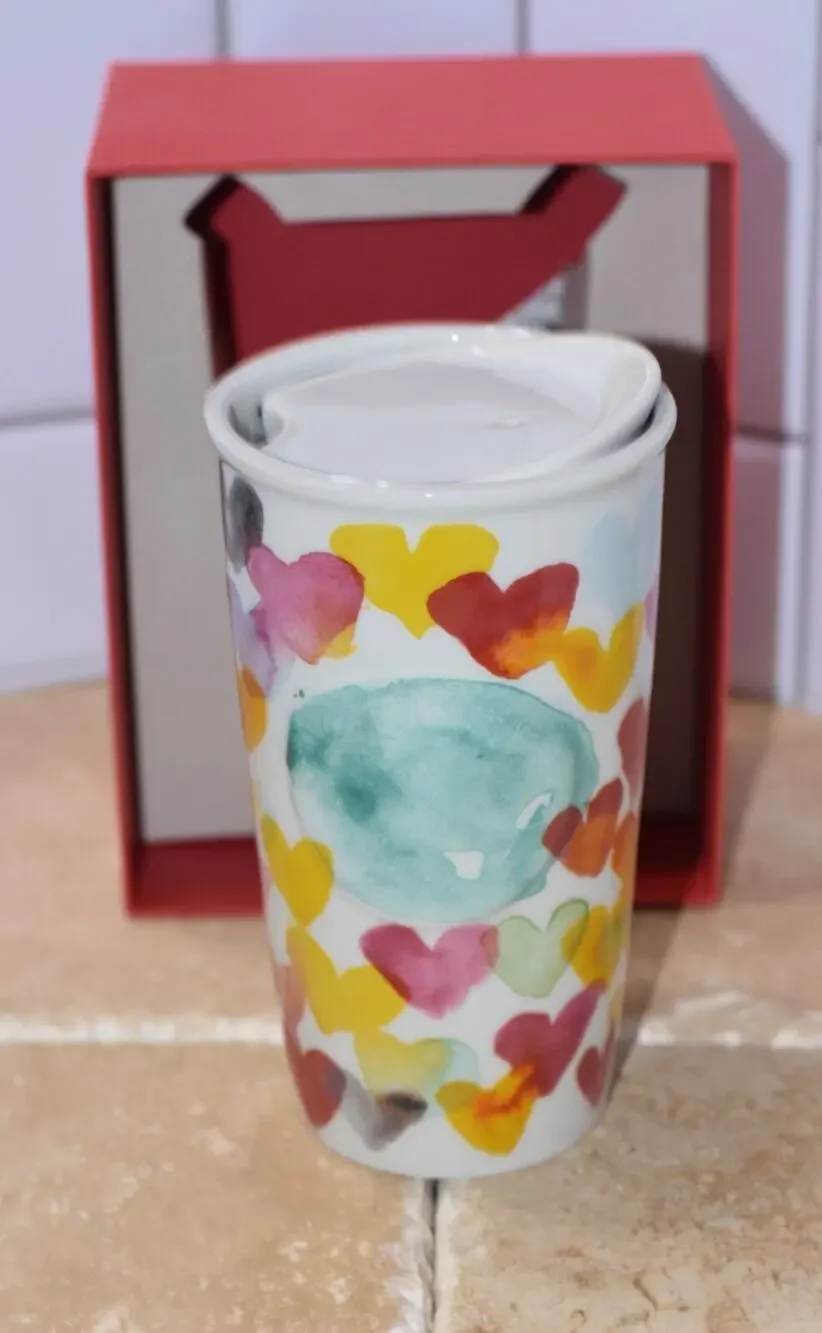 Starbucks Watercolor Hearts DOT 10 oz Ceramic Travel Tumbler Coffee Mug 2015 NWT